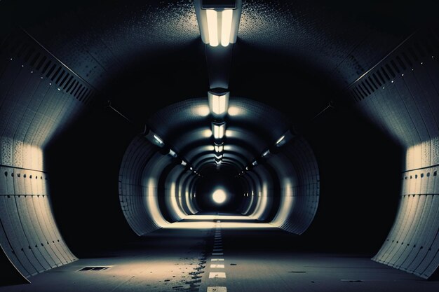 Photo the tunnel underground passage long and far away with lights black and white style shooting scene