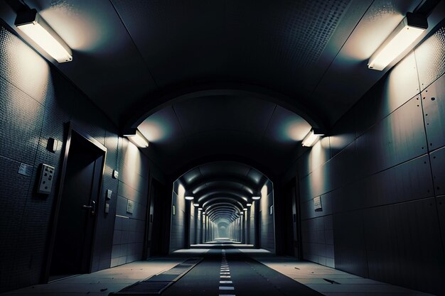 The tunnel underground passage long and far away with lights black and white style shooting scene