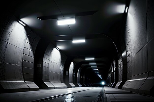 The tunnel underground passage long and far away with lights black and white style shooting scene