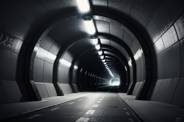 The tunnel underground passage long and far away with lights black and white style shooting scene