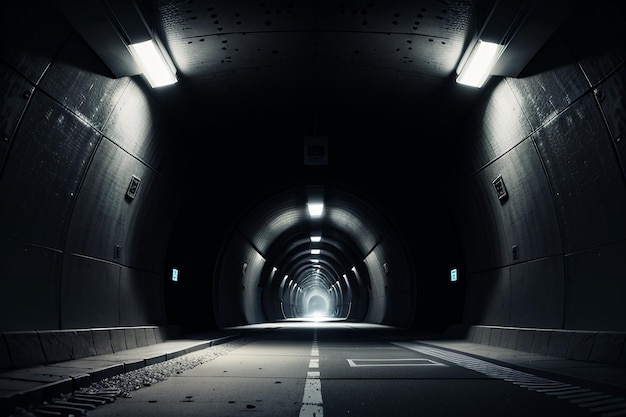長くて遠いトンネルの地下通路とライトの白黒スタイルの撮影シーン