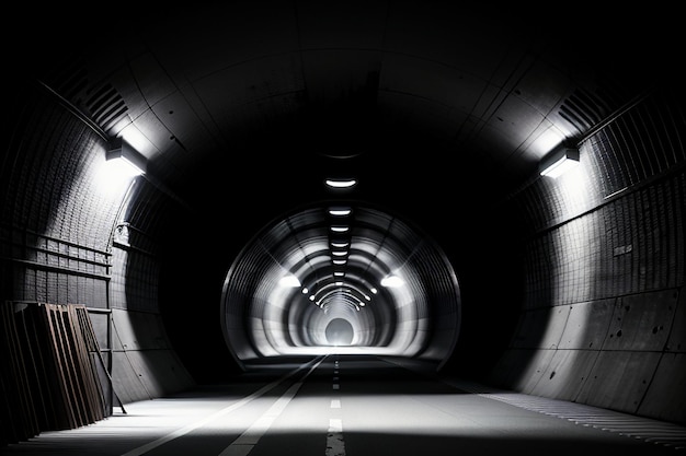 The tunnel underground passage long and far away with lights black and white style shooting scene