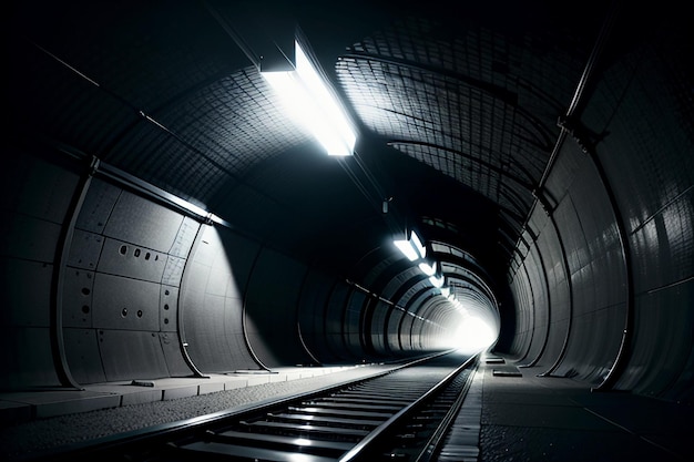 The tunnel underground passage long and far away with lights black and white style shooting scene