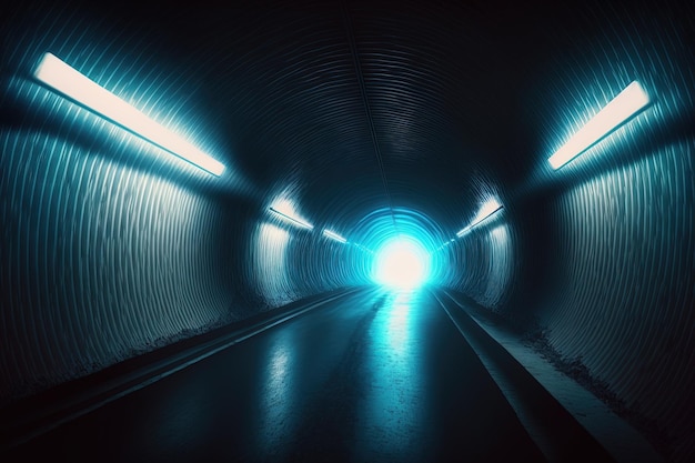 A tunnel with blue streaks and a big light at the end