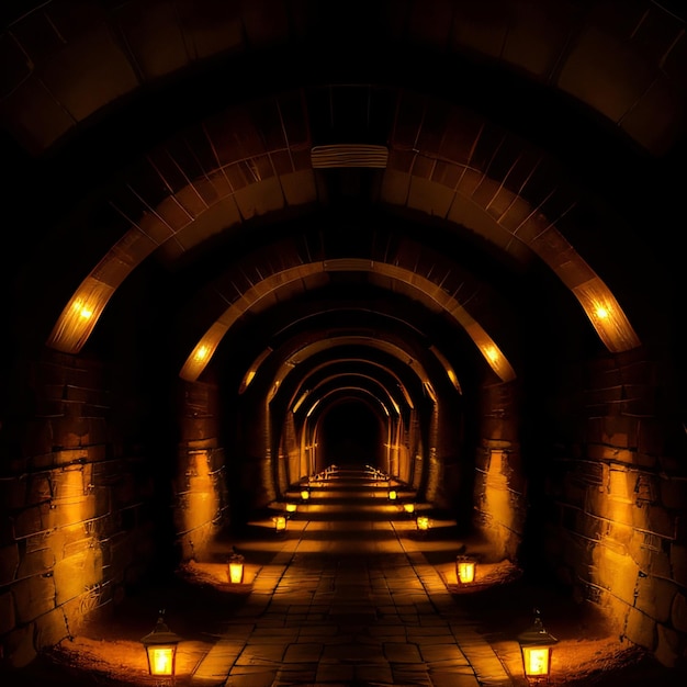 A tunnel with candles and a brick wall with a lit candle inside.