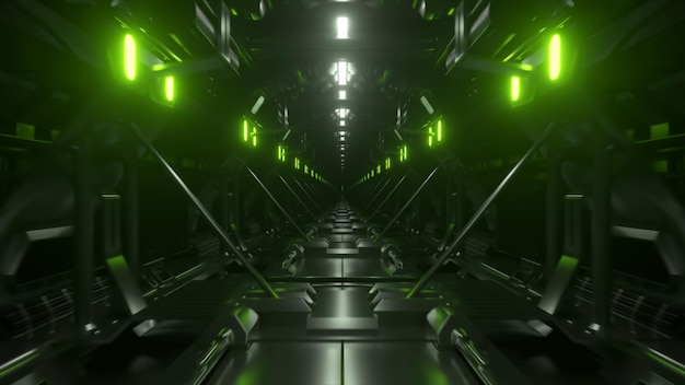 A tunnel with green lights and a black background