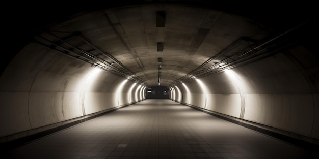 A tunnel with lights on and a dark background