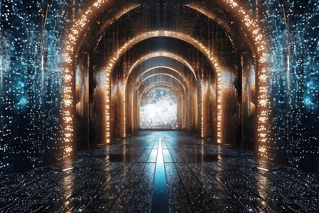 A tunnel with lights and a light at the end