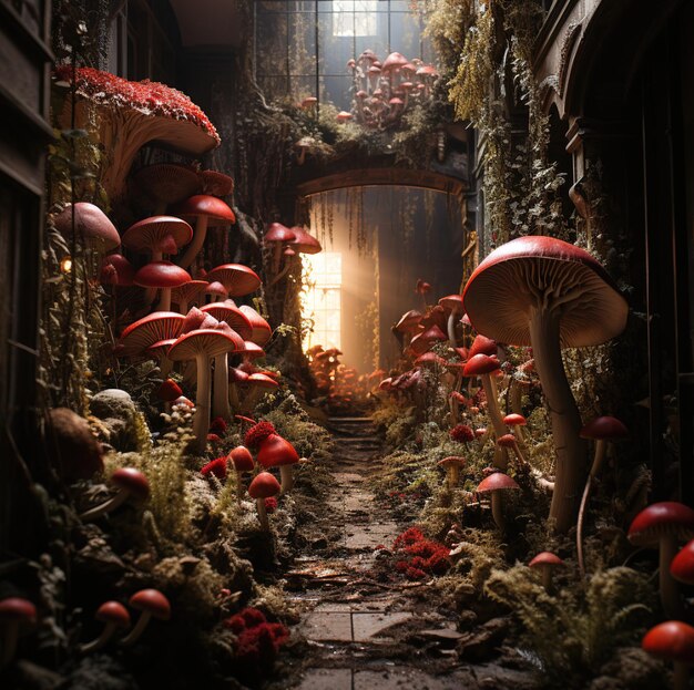 a tunnel with mushrooms and mushrooms in the middle of it.