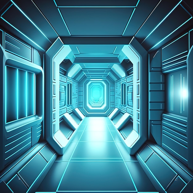 Tunnel with neon light High tech scifi corridor