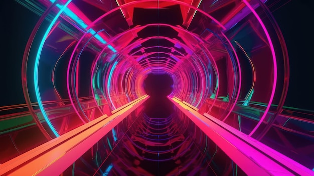 A tunnel with neon lights and a black background