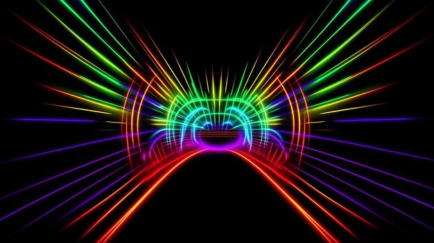 A tunnel with neon lights and a black background