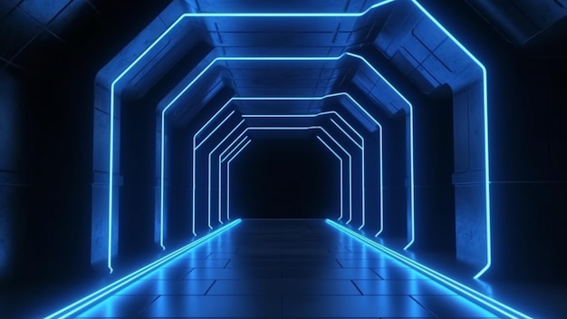 A tunnel with neon lights and a blue light on the ceiling