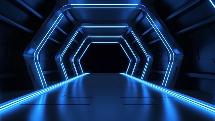 Photo a tunnel with neon lights and a blue light.