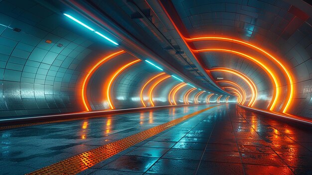 a tunnel with neon lights on the ceiling