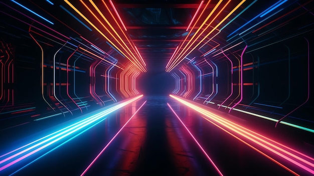 A tunnel with neon lights and a light on it