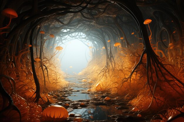 A tunnel with orange pumpkins and vines ai