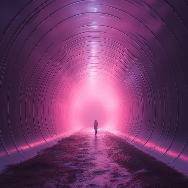 A tunnel with a pink light