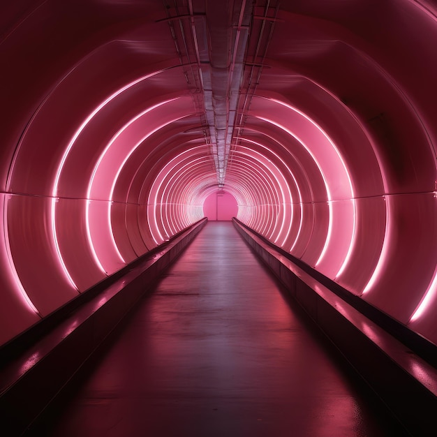 A tunnel with a pink light