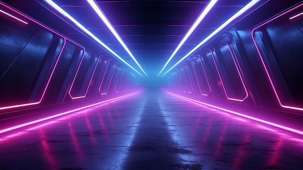 A tunnel with a purple light and a line of lights