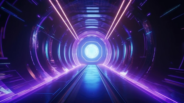 A tunnel with purple lights and a blue light.