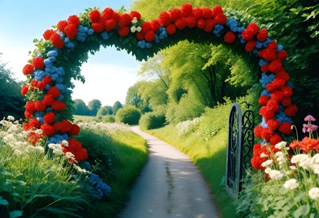 a tunnel with red and blue flowers and a gate that says the entrance to the garden