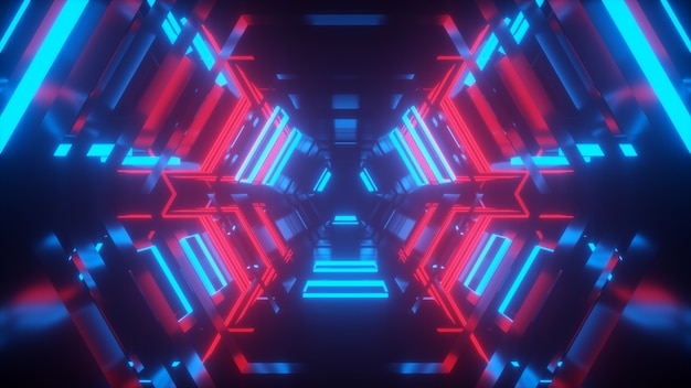 Tunnel con luce al neon rossa e blu con riflessi 3d rendering