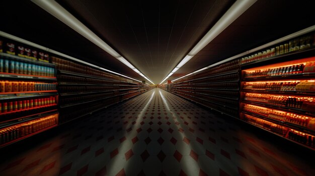 a tunnel with a red light on the ceiling and a red light on the right