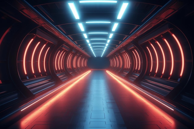 A tunnel with red lights and a blue light