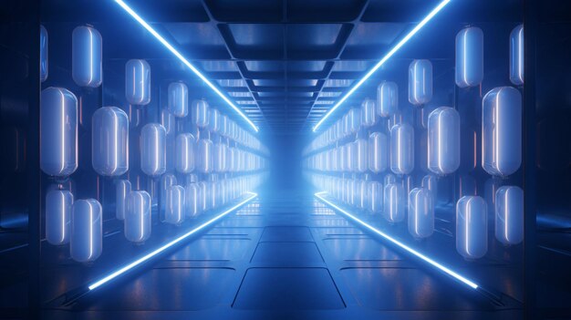 Photo a tunnel with rows of lights on the ceiling and a blue light on the bottom3d rendered scifi extend