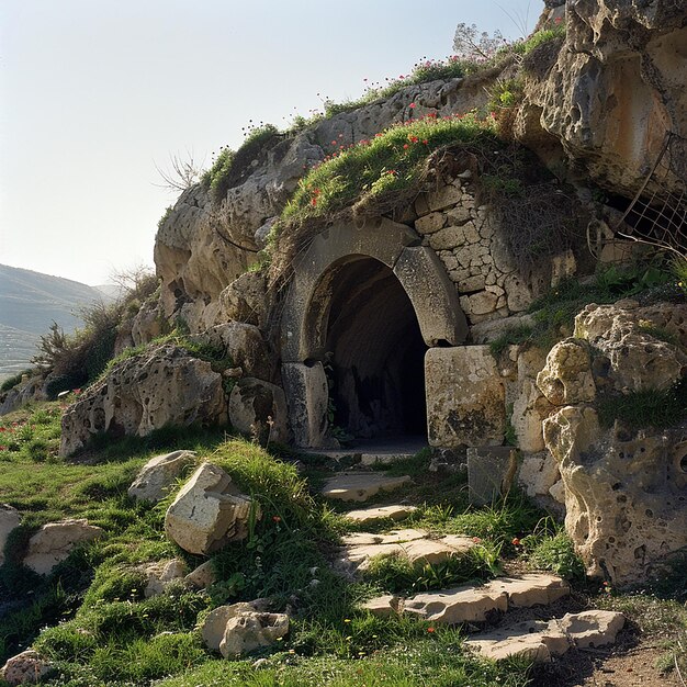 a tunnel with a stone arch that says quot cave quot