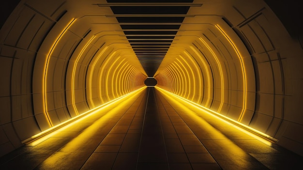 A tunnel with yellow lights and a black circle inside