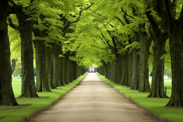 Photo tunnellike lime tree avenue in spring fresh green foliage park generative ai