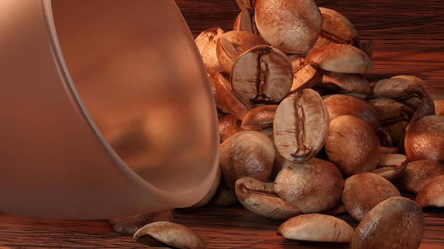 A turbid bowl and coffee bean pile on a wooden table (3D Rendering)