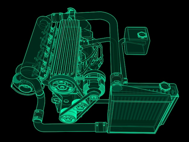 Turbocompressor viercilinder, krachtige motor voor sportwagen Groene neon glow op zwart