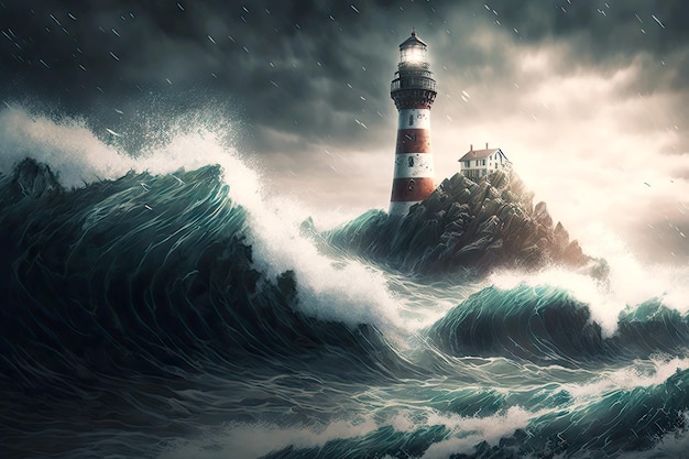 Turbulent sea waves sweeping shore with lonely lighthouses