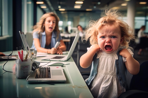 Turbulente werkplek Boze peuter meisje zit op kantoor met gefrustreerde en mislukte baas