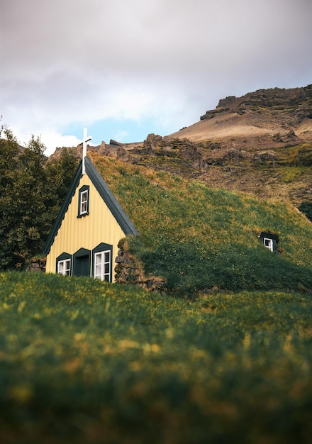 Turf church in icelandic village of hof iceland