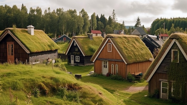 A turfroofed contemporary village Generative AI with a Nordic style green roof with sod on top