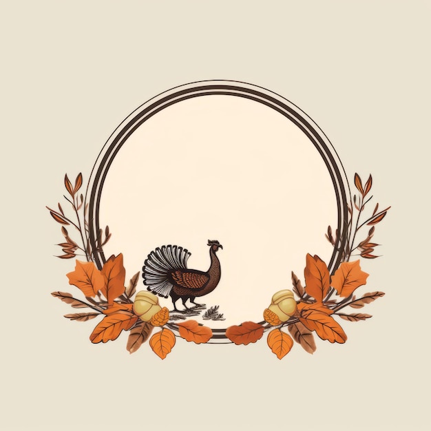 Photo turkey and acorns in a round frame on a beige background