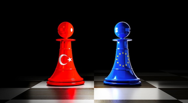 Фото Отношения турции и европейского союза шахматные пешки с флагами 3d иллюстрация