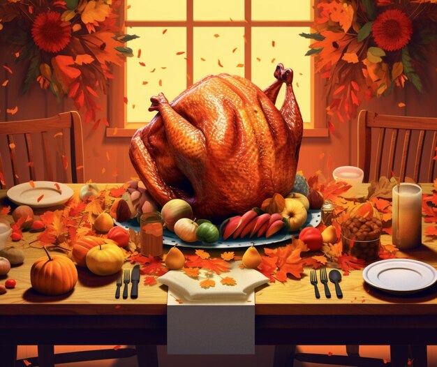 A turkey being carved at the center of the Thanksgi