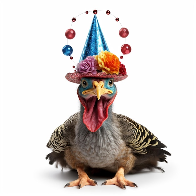 Turkey bird in party cone hat on white background