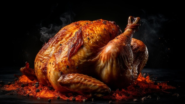 A turkey on a black background with red chilli on the bottom.