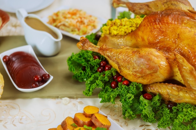 Turkey, decorated with kale and cranberry for Thanksgiving or Christmas dinner