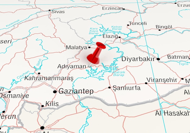 赤いピンが付いているトルコ地震地図都市