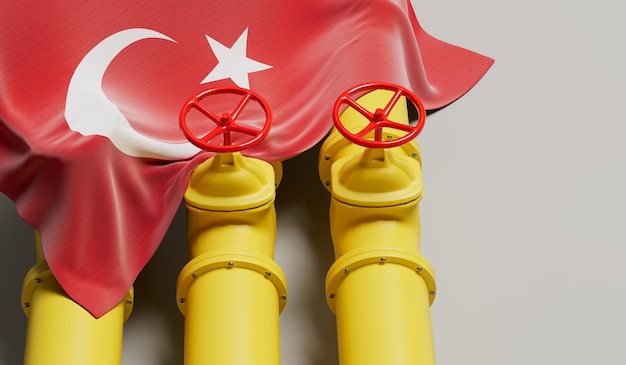 Bandiera della turchia che copre una linea di tubazioni del carburante per petrolio e gas rendering 3d del concetto di industria petrolifera