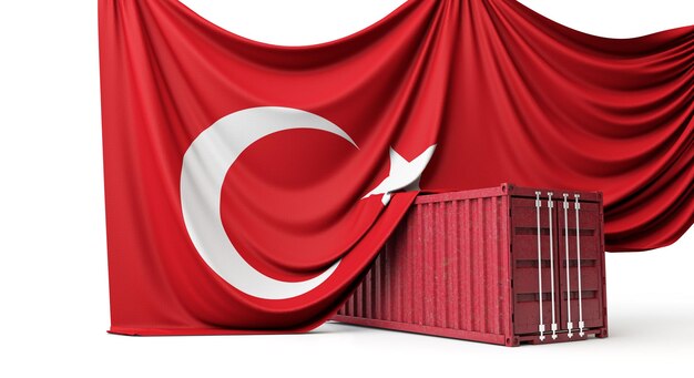 Turkey flag draped over a commercial trade shipping container d rendering