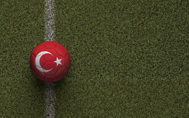 Turkey flag football on a green soccer pitch 3D Rendering