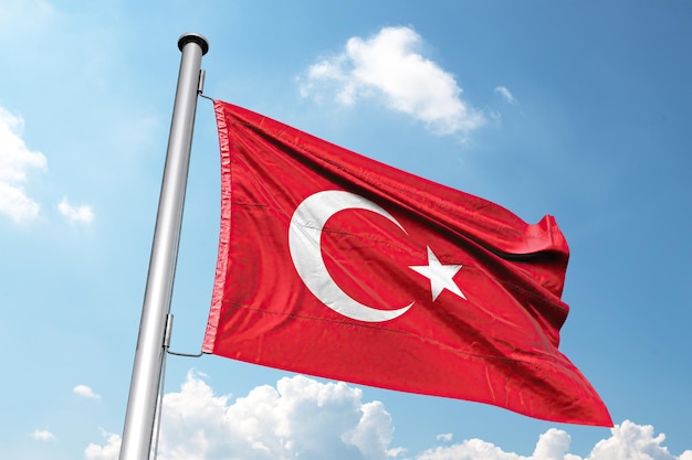 Turkey flag waving in the blue sky with clouds 3D illustration.